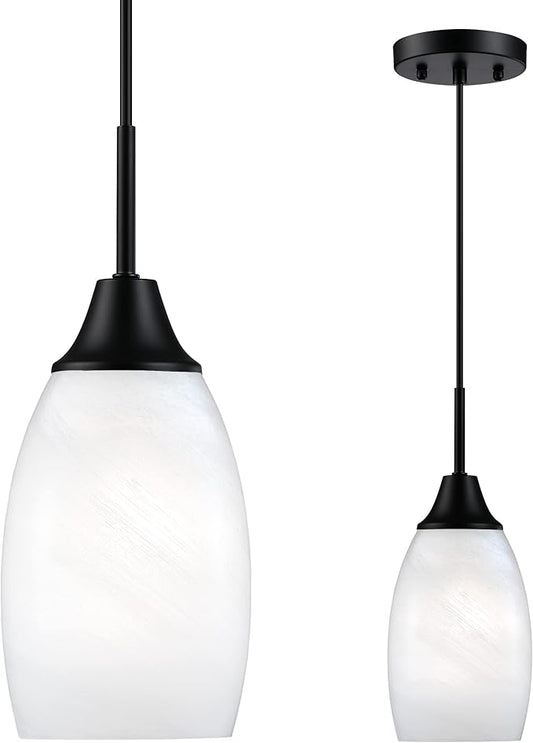 Mini Glass Pendant Light,1-Light Handblown White Oval Art Glass Hanging Pendant Light for Kitchen Island,Dining Room,Living,Foyer,Hallway, Entry Matte Black Metal