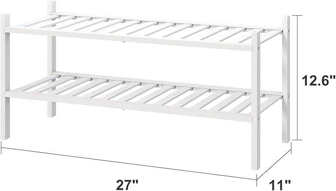 White Shoe Rack for Entryway, 2 Tier Shoe Organizer for Hallway Closet, Bamboo Wood Shoe Racks for Indoor Outdoor (White, 2-Tier)