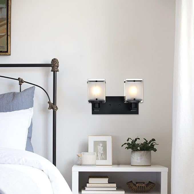 Black Wall Sconce Lighting, 2-Light Bathroom Vanity Light Fixture Wall Mount Lamp Over Mirror for Bedroom Bedside Studty Living Room, Rectangular Frosted Glass Shade
