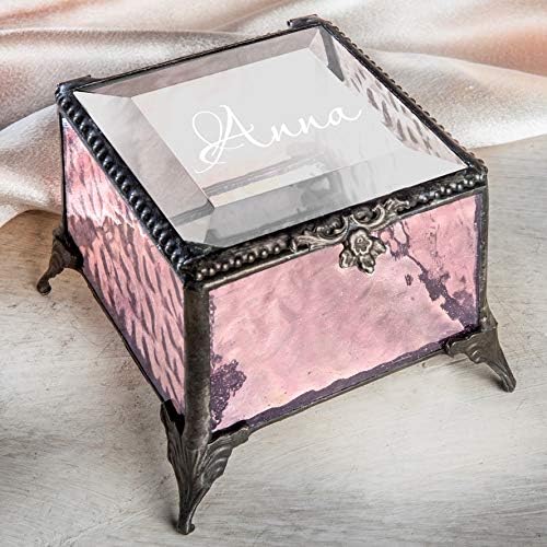 Personalized Pink Rose Glass Box Decorative Vanity Display Case Storage Jewelry Organizer Keepsake Gift for Her Girl Women Pink Vintage Decor J Devlin Ellen Box 903 EB245