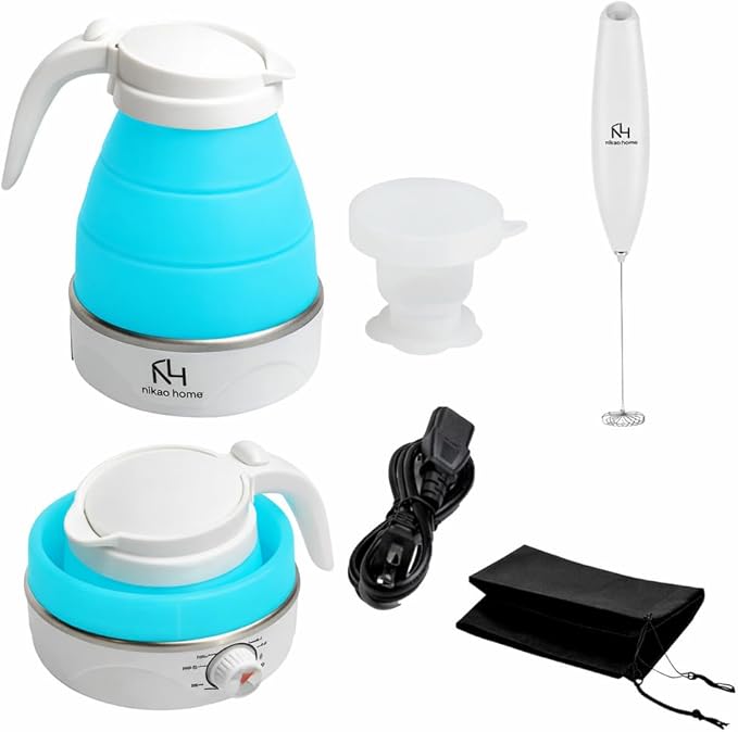Nikao Home Foldable Electric Kettle Plus Milk Frother and Foldable Cup – Travel kettle, Portable Tea Kettle for Travel, Mini Collapsible Water Warmer, Compact Design and Quick Heating. (Aqua Blue)