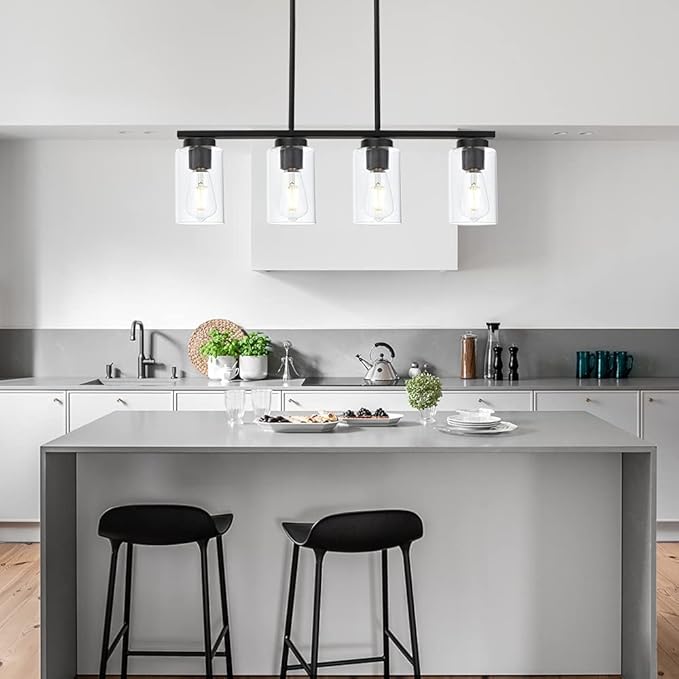 Black Pendant Light Fixtures with Clear Glass Shades, 4-Lights Linar Kitchen Island Light for Farmhouse Dining Room Kitchen Pool Table