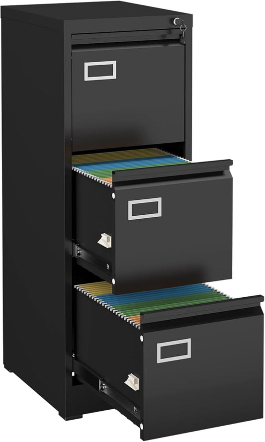 LUCYPAL 3 Drawer File Cabinet,Metal Filing Cabinet with Lock for Letter/Legal/A4 Files,Vertical Locking File Cabinets for Home Office,Assembly Required(Black)