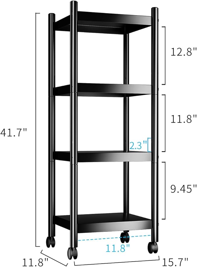 VETALLO 4 Tier Metal Shelving Unit Storage Shelves Rack Utility Small Stand Shelf Cart Organizer On Wheel for Home Kitchen,Garage,Narrow Pantry,Closet,Laundry,Bathroom(15.7" L x 11.8" W x 41.7" H)