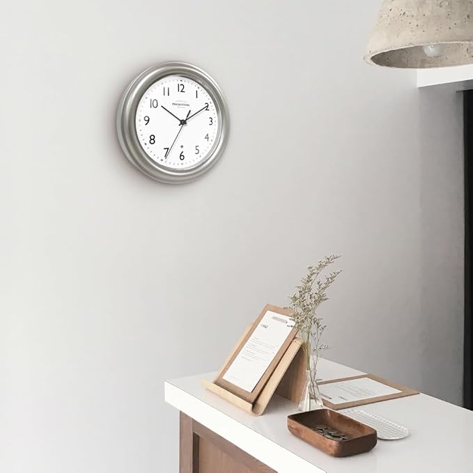 Presentime & Co. 8.5" Modern Farmhouse Night Light Wall Clock, Silent Non Ticking, Silver Color. (Luminous Wall Clock for Office, Home, Bathroom, Kitchen, Bedroom, and School)