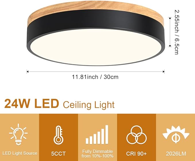 Dimmable Modern Wood Ceiling Light, Black LED 5CCT 2700K-6000K Flush Mount Ceiling Lighting Fixture, Round Light Fixtures for Kitchen Entryway Hallway Bedroom Laundry Room-11.8in