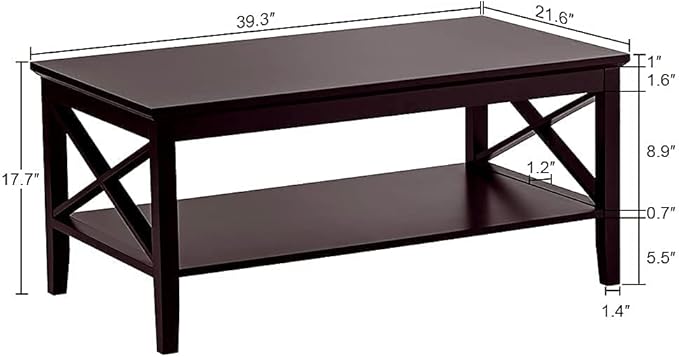 ChooChoo Oxford Coffee Table with Thicker Legs, Espresso Wood Coffee Table with Storage for Living Room 40 inches