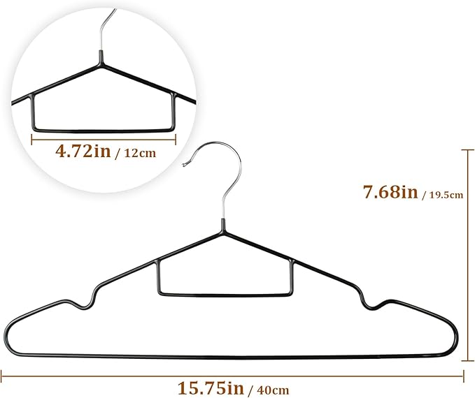 Clothes Hangers, 20Pack Black Metal Hangers with Tie Bar,15.75 in Shirt Hanger with Shoulder Notches for Dress and Camisole, Non-Slip Heavy Duty Hanger（Black）