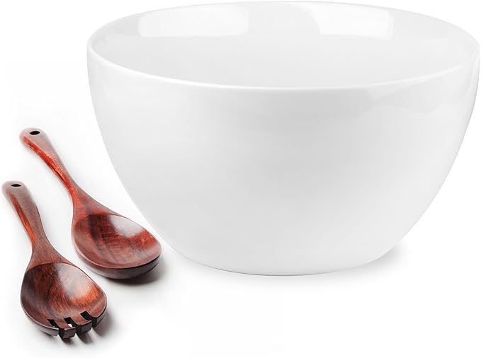 LAUCHUH Salad Serving Bowls, 5 Quarts Porcelain White Serving Bowl Extra Large Mixing Bowl with Spoon Set for Salad, Preparing, Pasta, Popcorn, Chips, Fruit, Vegetables, Thanksgiving, Christmas, 3 Pcs