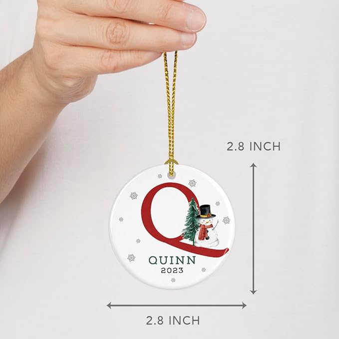 Andaz Press Personalized Ornament, Custom Name, Initial Q Monogram Snowman 2.8" Ceramic Porcelain 2025 Christmas Ornament Keepsake for Kids, Boys, Girls, Includes Gold Ribbon & Gift Box, 1-Pack