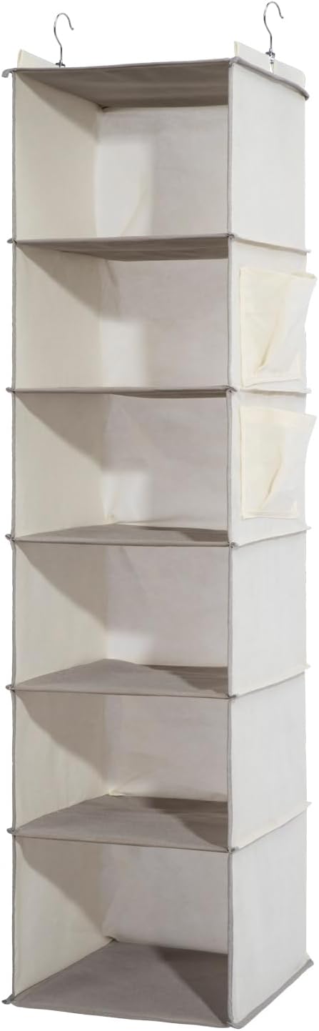 6-Shelf Hanging Closet Organizer and Storage, Collapsible Hanging Shelves for Closet with 2 Side Pockets, Hanging Shoe Organizer to Saving Space,Beige