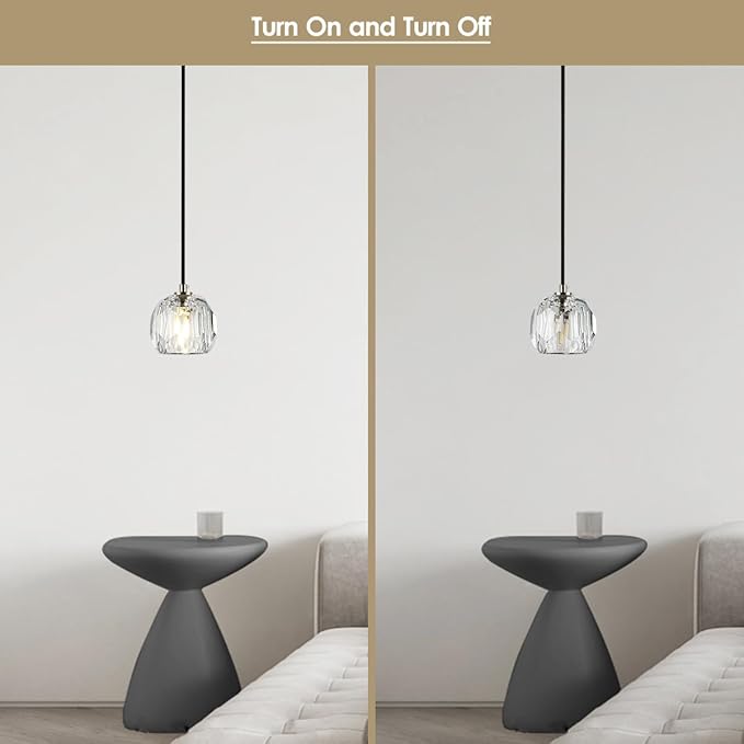 Brushed Nickel Pendant Light, Small Island Pendant Light Fixture for Kitchen, Modern Prism Crystal Single Pendant Hanging Light for Dining Room Bar