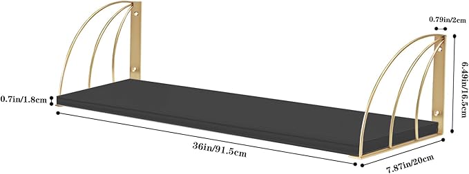 Long 36 inch Black Floating Shelves for Wall - Curved Fan-Shaped Design with Built-in Anti-Slip Book Stops|0.71" Thicker Heavy Duty Wall Bookshelf|Back Gold Shelves for Books, Home Décor Set of 2