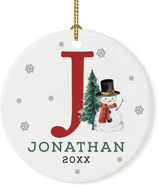 Andaz Press Personalized Ornament, Custom Name, Initial J Monogram Snowman 2.8" Ceramic Porcelain 2025 Christmas Ornament Keepsake for Kids, Boys, Girls, Initial Ornaments Monogram Ornament 1-Pack