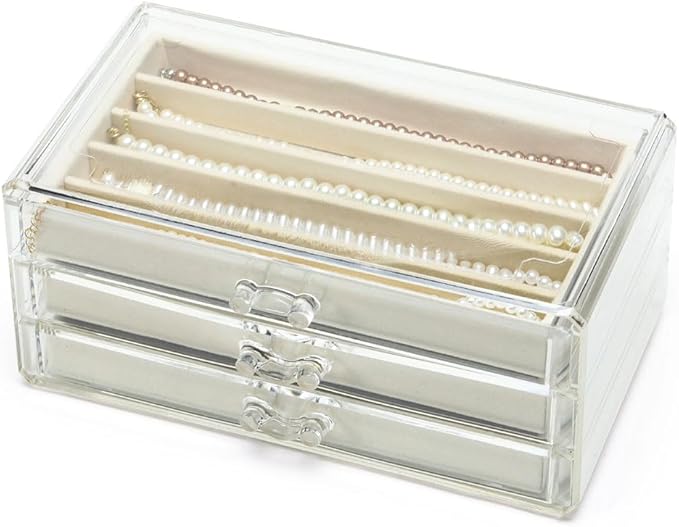 Necklace Organizer Box with Clear Lid, Dustproof Velvet Jewelry Holder Storage Display Case, Stackable Acrylic Necklace Tray Drawer Insert for Women and Girls (Beige,3 Drawers)