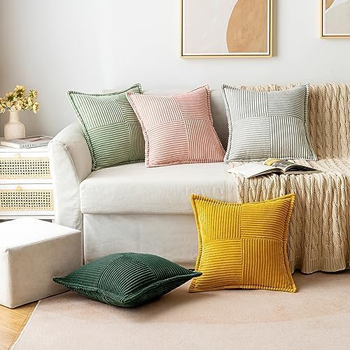 MIULEE Christmas Decorative Euro Sham Throw Pillow Covers for Couch Bed Livingroom 26x26 Inch Set of 2 Dark Green Boho Accent Throw Pllows Broadside Striped Patchwork Soft Corduroy Pillowcases
