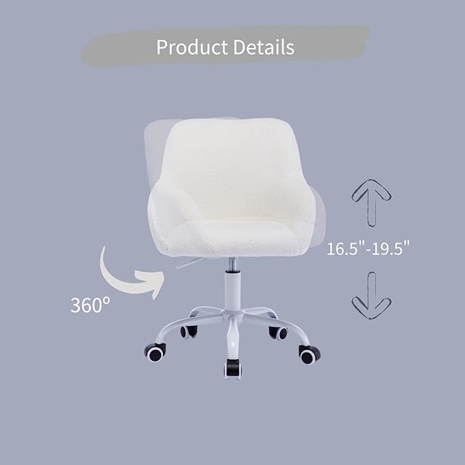 HEAH-YO Swivel Chair with Wheels, Adjustable Kids Desk Chair with Armrest and Back, Cute Lamb Wool Study Chairs for Boys and Girls, White