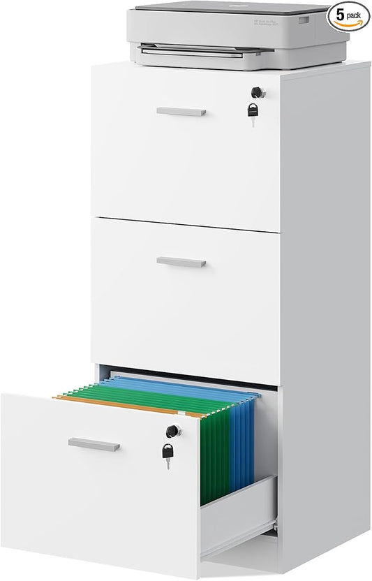 DEVAISE 3 Drawer File Cabinet with Lock, Vertical Wood Filing Cabinet for Home Office, Printer Stand for Letter and A4 Size, White