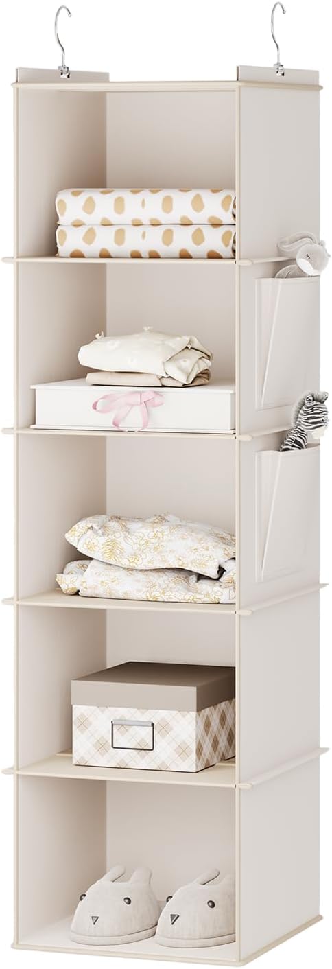 Hanging Closet Organizer, 5-Shelf Closet Hanging Storage Shelves, Beige