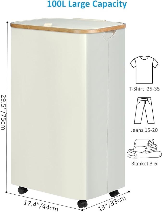 efluky Laundry Basket with Wheels, Tall Rolling Laundry Hamper with Lid and Removable Bag, Aesthetic Dirty Clothes Hamper on Wheels for Laundry Room, Bedroom, Dorm and Bathroom, 100L Beige