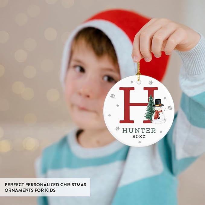 Andaz Press Personalized Ornament, Custom Name, Initial H Monogram Snowman 2.8" Ceramic Porcelain 2025 Christmas Ornament Keepsake for Kids, Boys, Girls, Initial Ornaments Monogram Ornaments 1-Pack