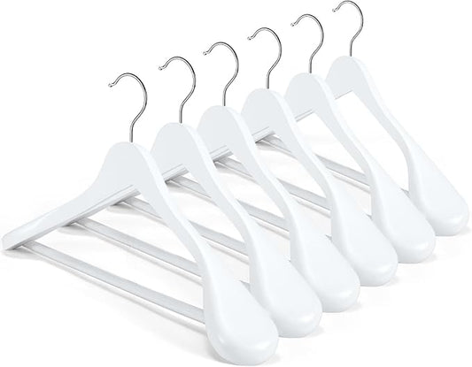 HOUSE DAY High-Grade Solid Wood Coat Hangers for Women, Wide Shoulder Wooden Hangers, Suit Hangers with Non Slip Pants Bar, Smooth Finish 360° Swivel Hook for Dress, Heavy Clothes Hangers 6 Pack White