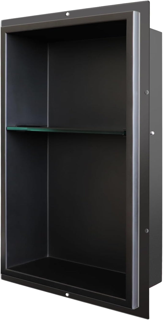 CKB Shower Niche Stainless Steel, 24 Inch x 14 Inch x 4 Inch Depth, Double-Layer Storage Shelves, Recessed Shower Shelf with Matte Black
