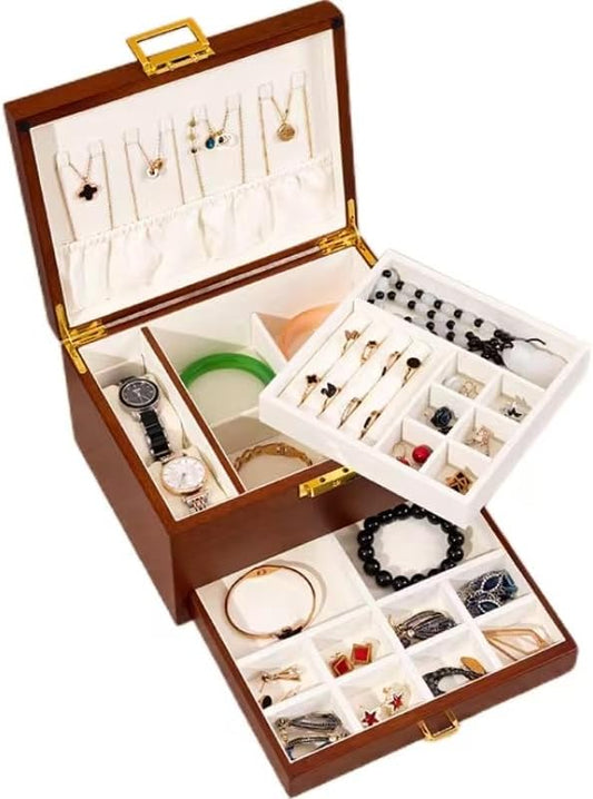Bescott 3 Layer Solid Wooden Jewelry Box for Women Real Wood Vintage Jewelry Organizer Storage for Earrings Rings Necklaces Bracelet Watch Men