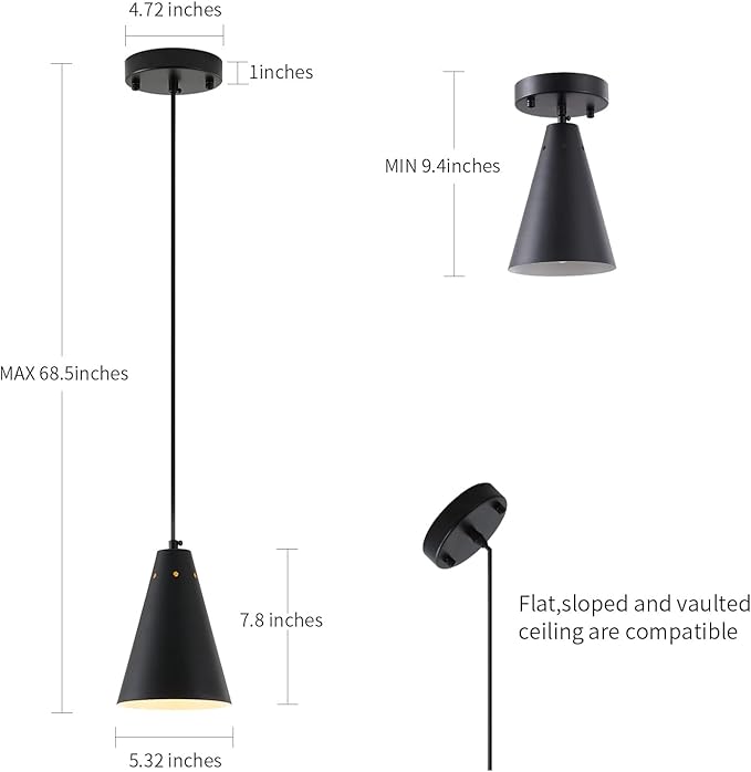Black Pendant Light for Kitchen light fixtures,Small Modern Industrial Chandeliers with Cone Metal Shade,Mini Adjustable Cord Hanging Lighting Fixtures for Over island,Bar,Dining Room.(1 Pack)