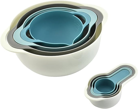 Plastic Nesting Bowls Set with 2 Mixing bowls,Colanders,4 Measuring Cups,Sifter for Baking,Food Prep,RV Camping Accessories,8 Pieces