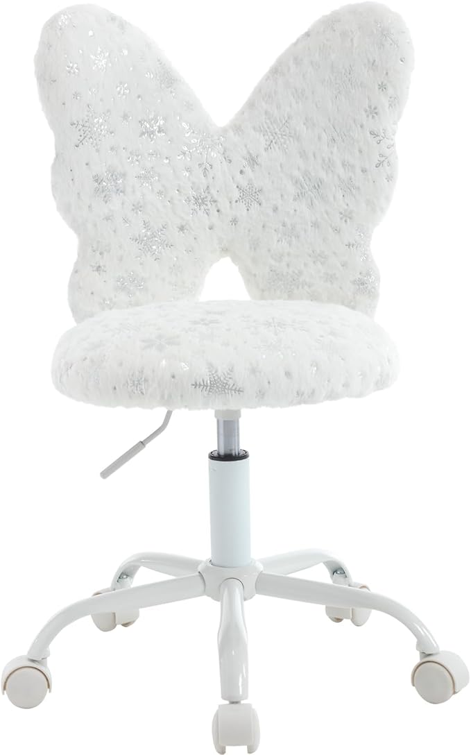 Cute Fuzzy Kids Chair for Teenage Girls Rolling Study Desk Student Chair Furry Computer Task Chair, Adjustable Butterfly Shaped Reading Vanity Chair for Bedroom, White