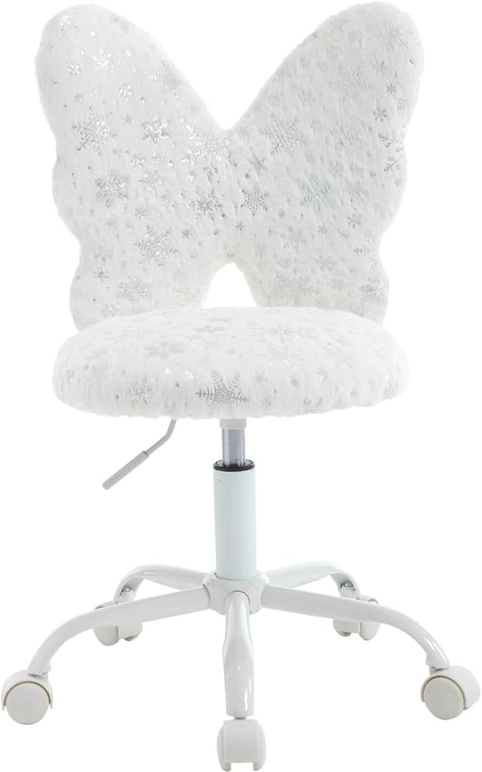 Cute Fuzzy Kids Chair for Teenage Girls Rolling Study Desk Student Chair Furry Computer Task Chair, Adjustable Butterfly Shaped Reading Vanity Chair for Bedroom, White