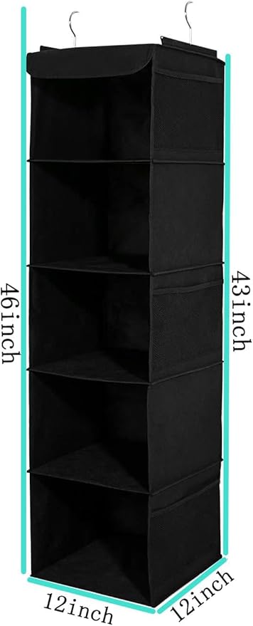 2 Pack Hanging Closet Organizer, 5 Shelves Hanging Storage with 6 Side Pockets for Clothes Shoes, 43"x12"x12"(Black)