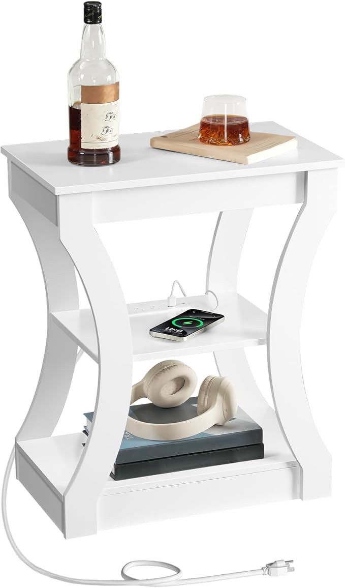 End Table with Charging Station, Side Table with USB Ports and Outlets, 3 Tier Nightstand with Storage Shelf for Small Spaces, Living Room, Bedroom, White ETWT53E01