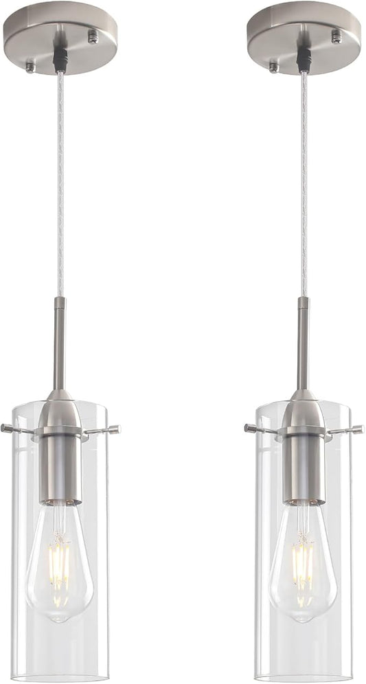 Glass Pendant Lights Kitchen Island 2 Packs, Brushed Nickel Pendant Light, Modern Clear Glass Pendant Light Fixture, Hanging Pendant Lights for Kitchen Island Dining Room Hallway
