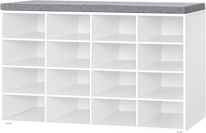 DINZI LVJ Shoe Storage Bench with Cushion, 16-Cubby Shoe Rack, Adjustable Shelves, Multifunctional Shoe Organizer Bench for Entryway, Mudroom, Hallway, Living Room, Bedroom and Garage, White