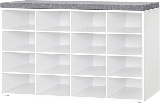 DINZI LVJ Shoe Storage Bench with Cushion, 16-Cubby Shoe Rack, Adjustable Shelves, Multifunctional Shoe Organizer Bench for Entryway, Mudroom, Hallway, Living Room, Bedroom and Garage, White