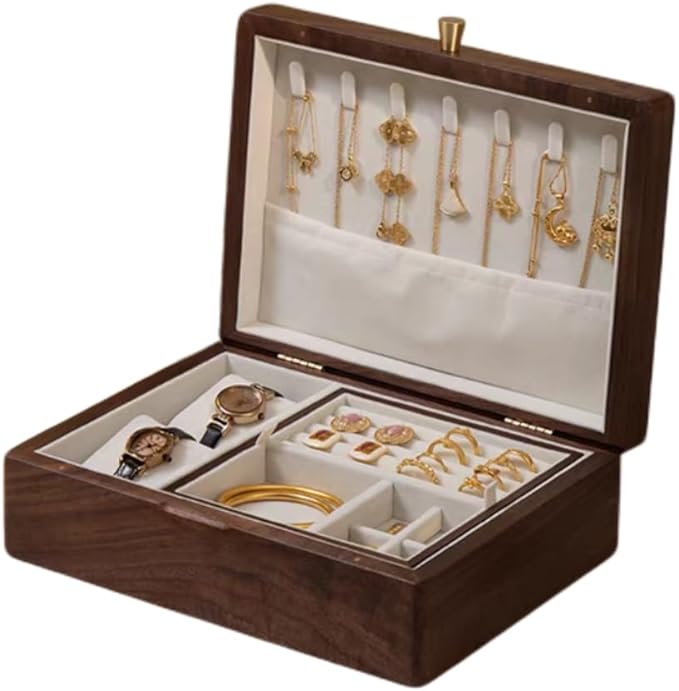 Bescott 2 Layer Solid Black Walnut Wooden Jewelry Box for Women Wood Vintage Organizer for Men Earrings Rings Necklaces Bracelet Watch Storage Mother's Day Gift