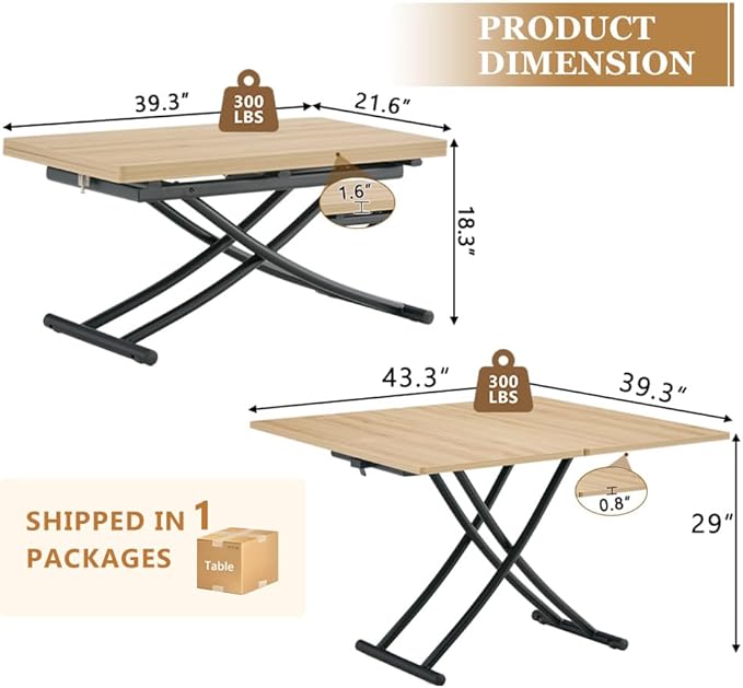 4 in 1 Folding Dining Table with Adjustable Lift Top & Wheels, Multi-Function Coffee Table to Dining Table for Apartments, Kitchens, Living Rooms, Scratch-Resistant & Easy Assembly