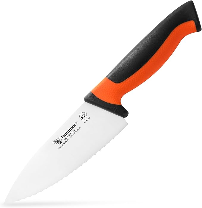 6 Inch Professional Chef Knife with Ergonomic Handle – NSF Certified Stainless Steel Kitchen Knife, Serrated Wave Teeth, Durable and Sharp Blade, DT 11 Series, Orange