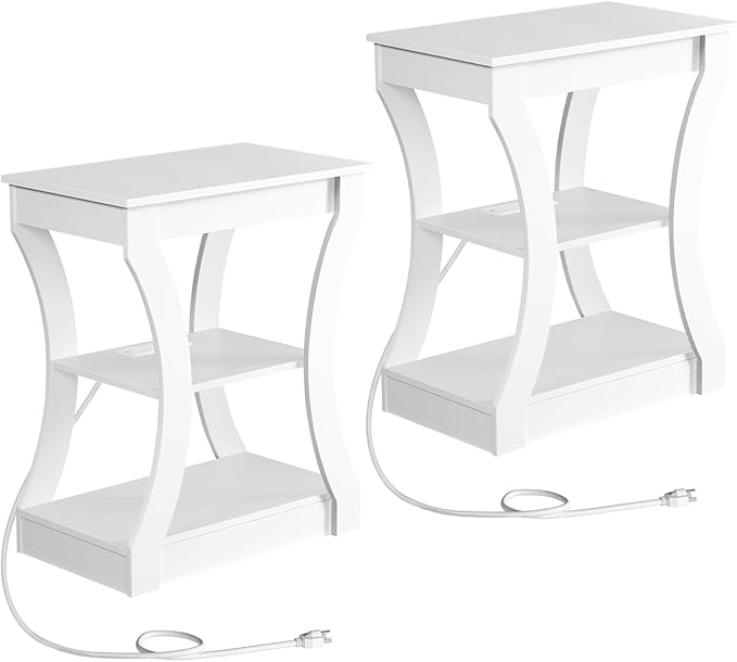 End Table with Charging Station, Set of 2, Side Table with USB Ports and Outlets, 3 Tier Nightstand with Storage Shelf for Small Spaces, Living Room, Bedroom, White ETWT53E01S2