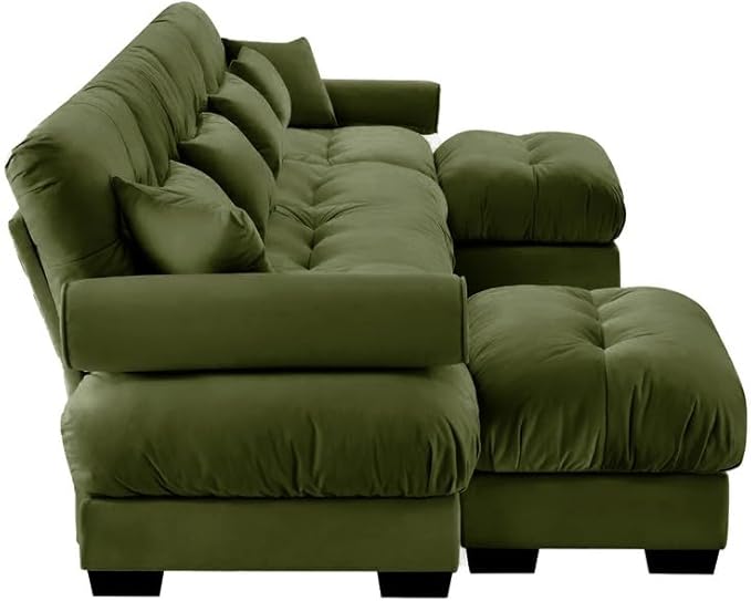 Ball & Cast 166" U Shaped Couch Sectional Couch,4 Seater Modular Couchs with Round Bolster Armrest,6 Pillows,Waist Pillows,Modern Corner Sofa w/ 2 Removable Ottomans,for Living Room,Olive Green