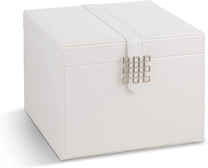 Earring Organizer Holder - 75 Small & 4 Large Slots Classic Jewelry Box with Drawer & Modern Closure, Mirror, 4 Trays Earrings, Ring or Chain Storage - PU Leather Case - White