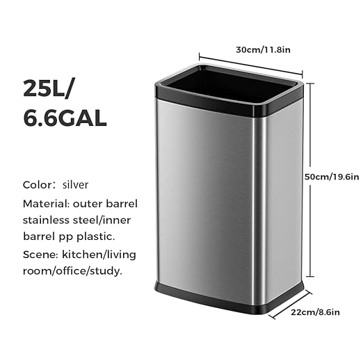 25L/6 Gallon Stainless Steel Square Trash Can, Large Kitchen Garbage Can, Office Commercial Trash Bin Silver Garbage Can, Large Open Top Waste Basket (25L Silver)