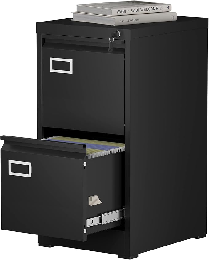 2 Drawer File Cabinet with Lock, Black Metal File Cabinets for Home Office, Under Desk Small Filing Cabinet, Vertical File Cabinet for A4/F4/Letter/Legal