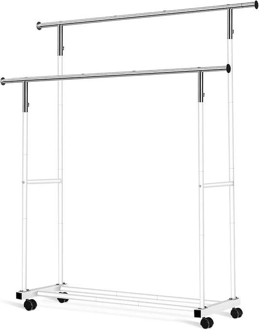 Double Clothing Rack, 55.51 Inch Garment Rack with Wheels and Bottom Shelf, 130LB Capacity Heavy Duty Rolling Clothes Racks for Hanging Clothes, Coats, Shirts, Sweaters, Skirts, White