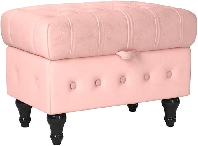 Artechworks Storage Coffee Table Ottoman, Button Tufted Velvet Upholstery Footstool Bed Ottoman for Living Room, Home Office, Space-Saving Storage Toy Box Stool, Pink