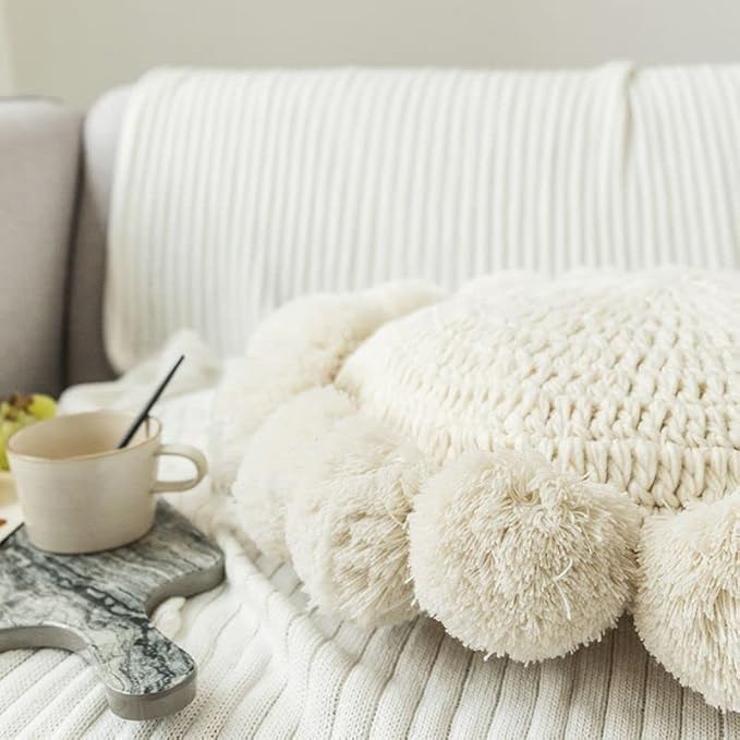 Knitted Throw Pillow Round Couch Pillow Sofa Cute Cushion Handmade Pompoms Decorative Plush Pillow (Beige, Diameter 18inches)