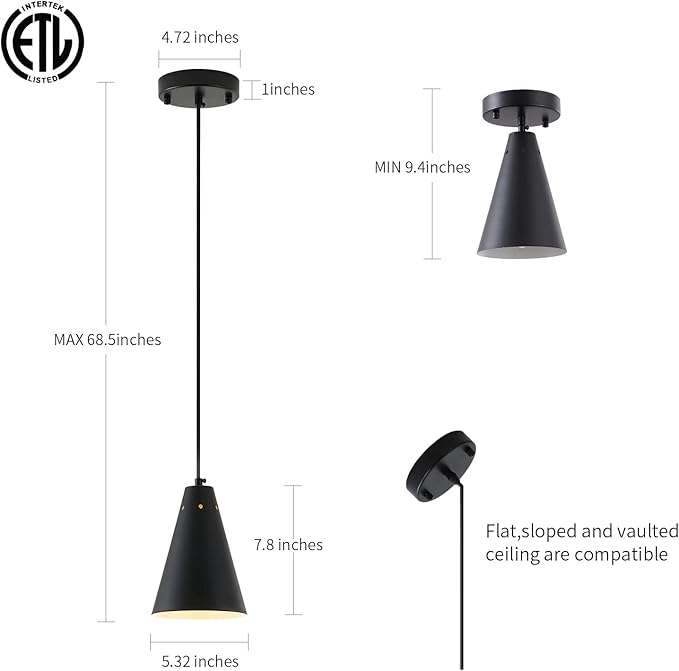 Dijiahua Black Pendant Lights 3 Pack for Kitchen Island,Small Modern Industrial Chandeliers with Cone Metal Shade,Mini Adjustable Cord Hanging Lighting Fixtures for Over Sink,Bar,Dining Room