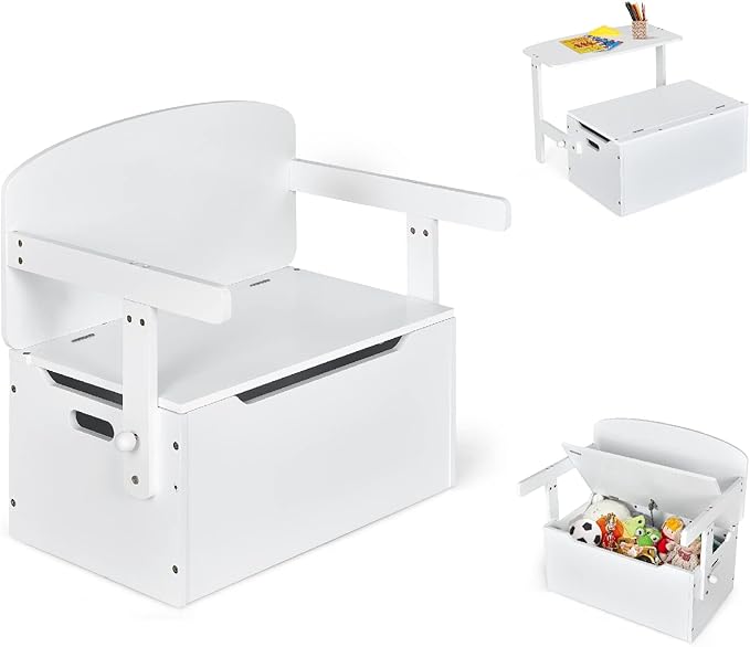 HONEY JOY Kids Table and Chair Set, 3-in-1 Convertible Wooden Toy Storage Bench with Handle, Toddler Furniture Set for Daycare Playroom, Gift for Boys Girls 3+ (Pure White)